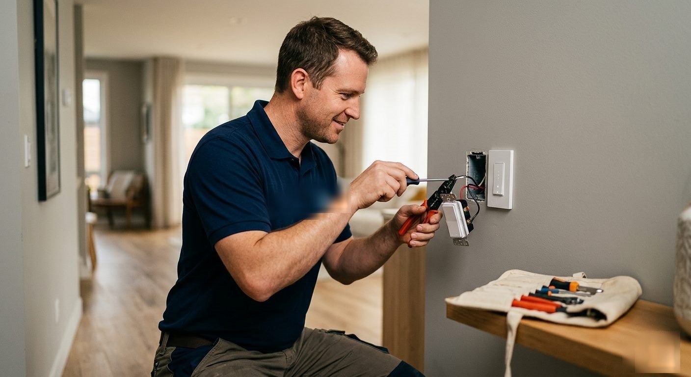 Cleveland Smart Home Solutions technician installing a smart light switch with no wall damage