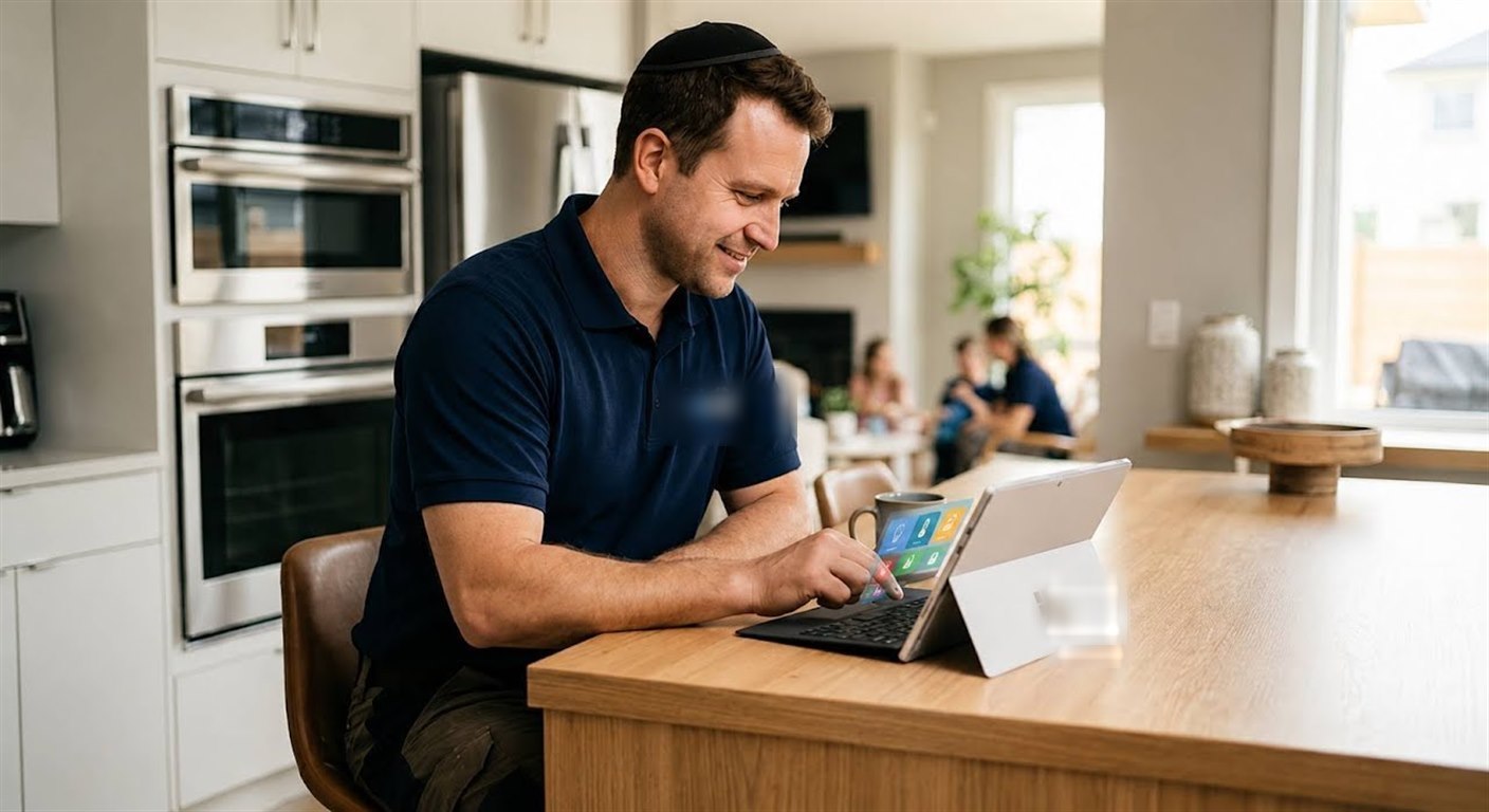 Cleveland Smart Home Solutions technician setting up a smart home system on a tablet in a client’s kitchen