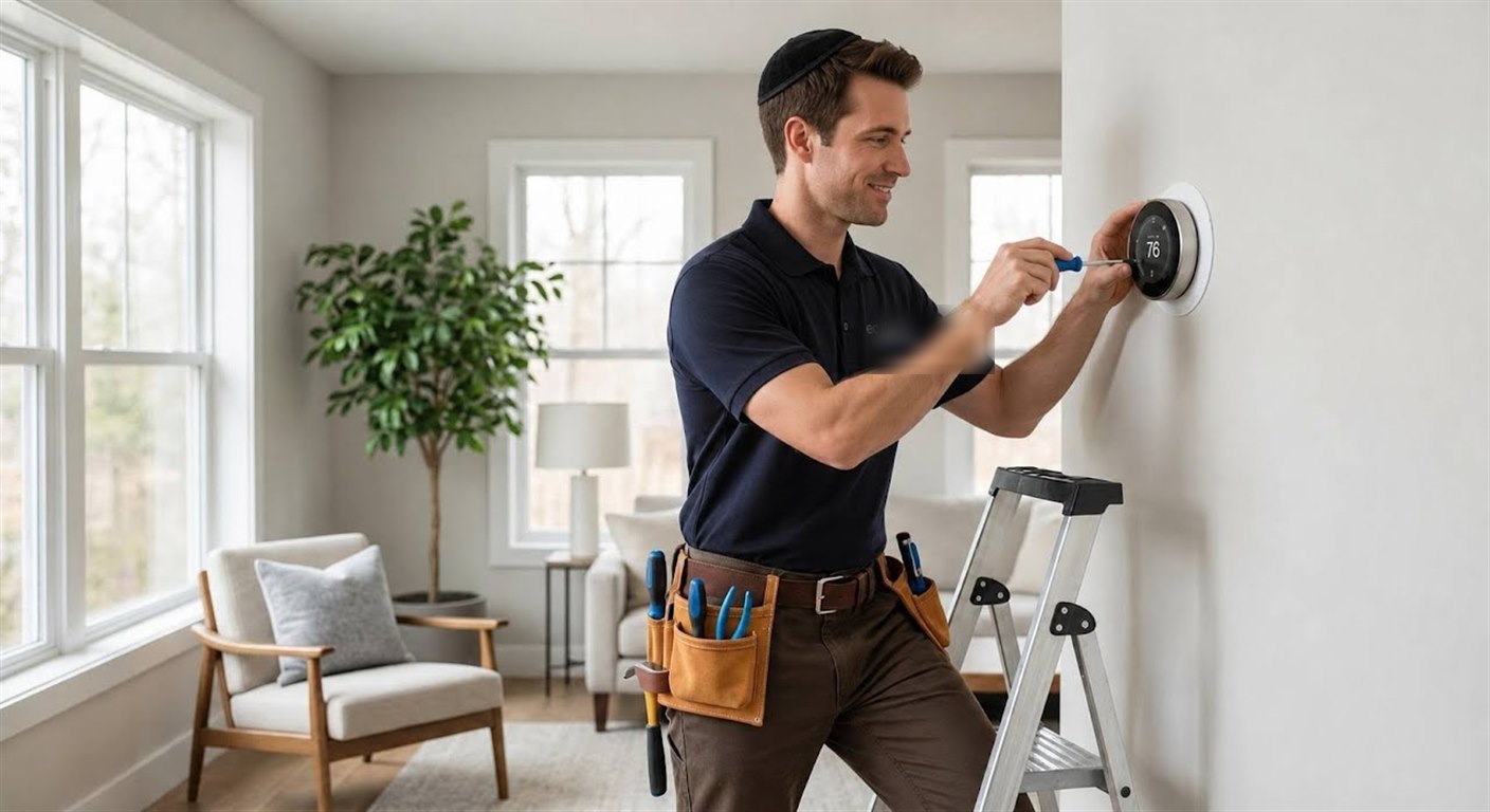 Cleveland Smart Home Solutions technician installing a smart thermostat on a living room wall